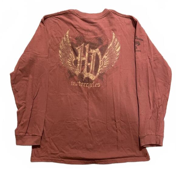 Harley Davidson L Orange & Yellow Y2K Grunge Graphic Long Sleeve T-Shirt - Picture 1 of 3